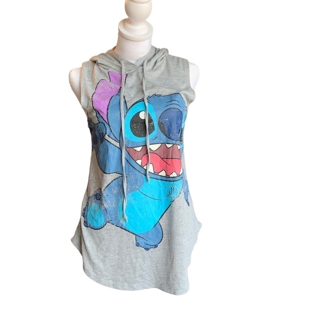 DISNEY women's size medium Stitch grey sleeveless shirt with hood